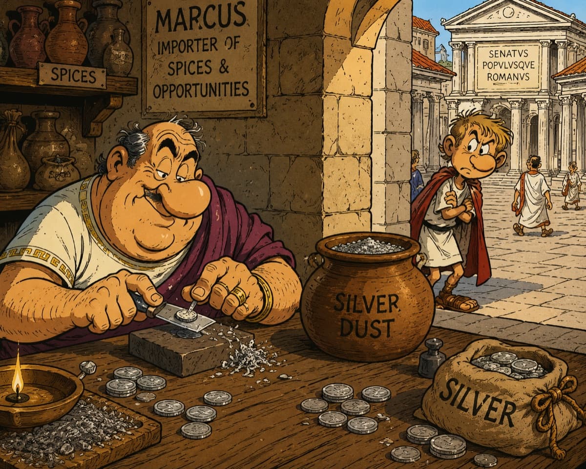Fat Marcus surveys the Forum stalls. Every coin that crossed his counter had already lost a little of itself. 74 B.C.