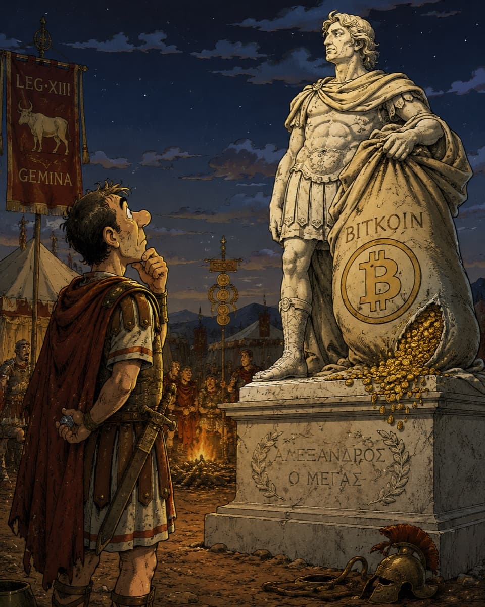 Caesar stares at Alexander's statue, jaw tight, eyes locked on that enormous bag of Bitcoin. The jealousy that would conquer the world. 63 B.C.