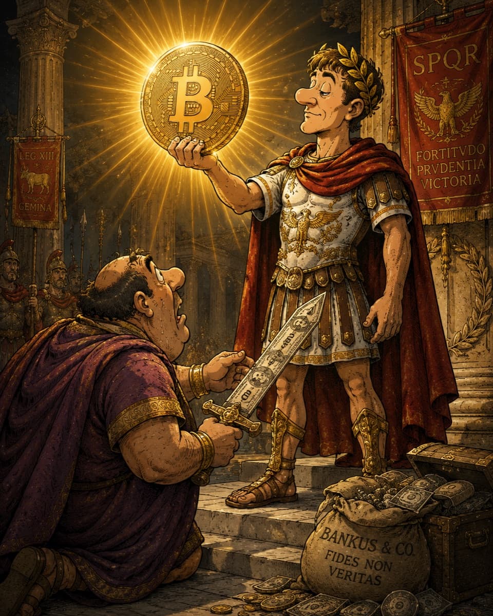 The Bitcoiners march in formation beneath their sacred banner: an orange circle on black — the First Block, the Genesis Rune. 69 B.C.