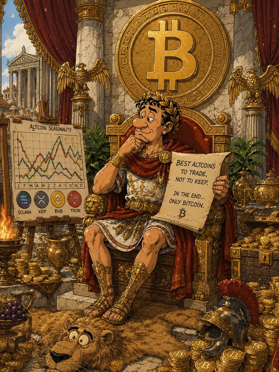 Caesar on his throne, surrounded by chests of Bitcoin glowing orange under the Roman sun. The last alt-coin long forgotten. 58 B.C.