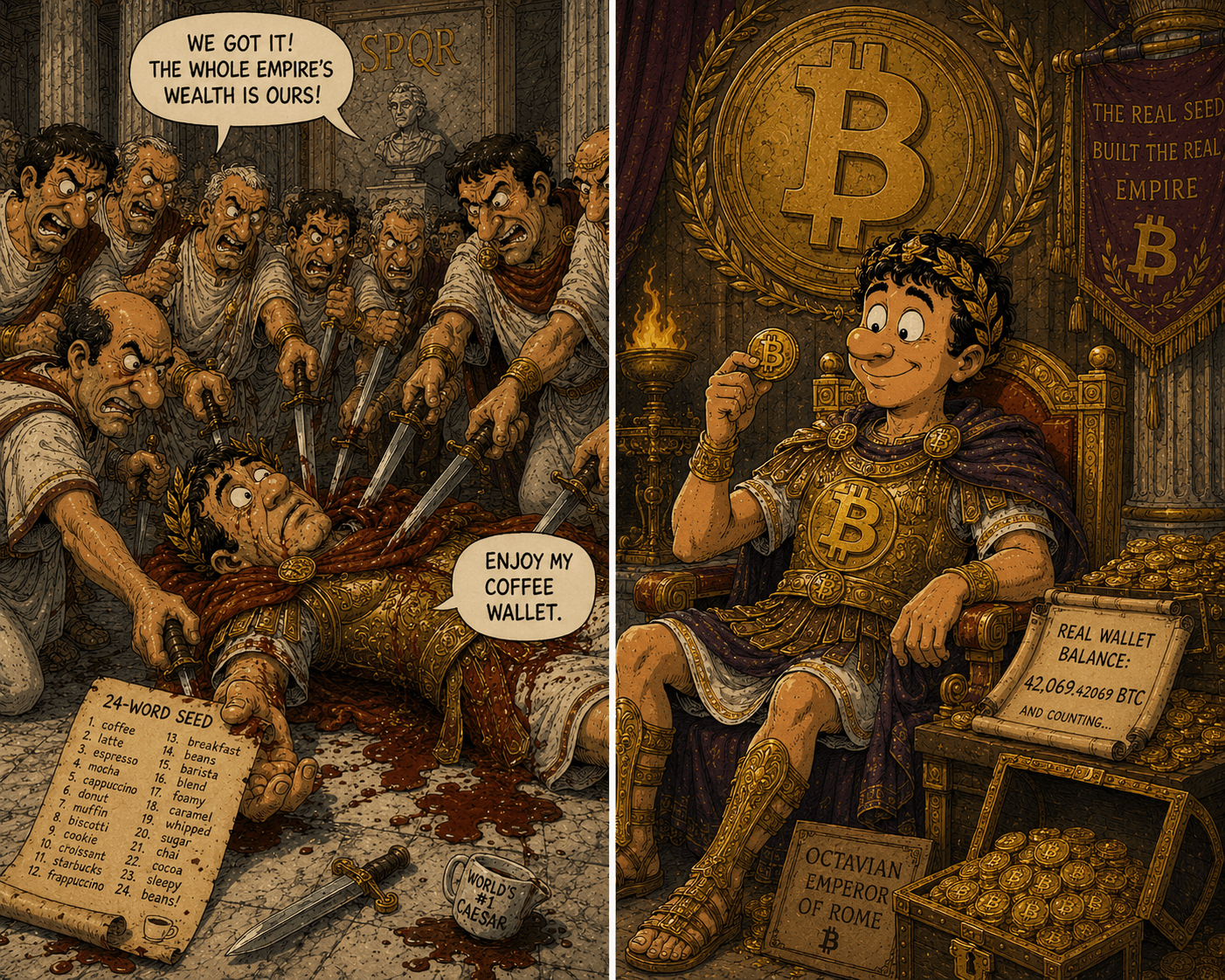 Brutus clutches the seed phrase, twenty-three daggers still warm. The senators celebrate over 0.014 Bitcoin and a sarcastic message. 44 B.C.